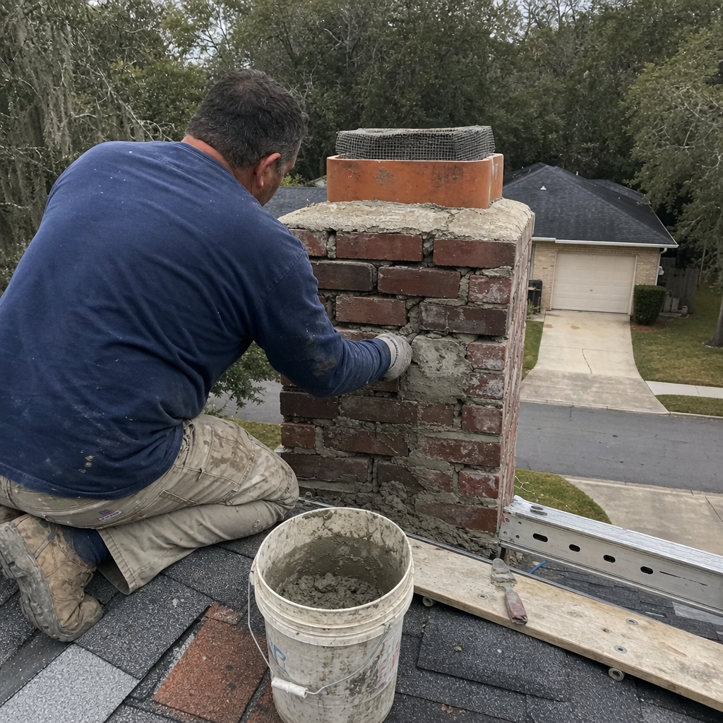 Professional mason performing chimney masonry repair on a residential roof