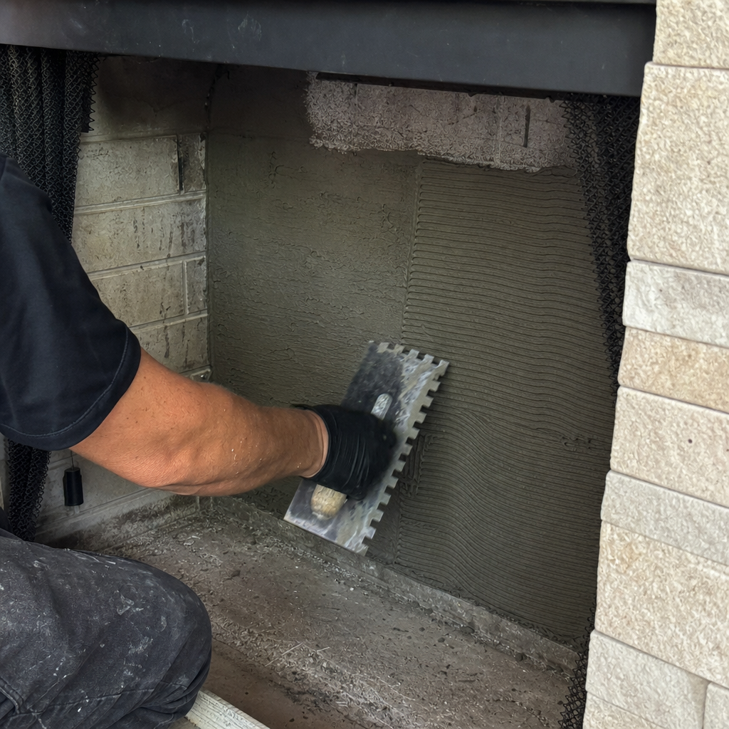 professional applying mortar to fireplace interior with a notched trowel