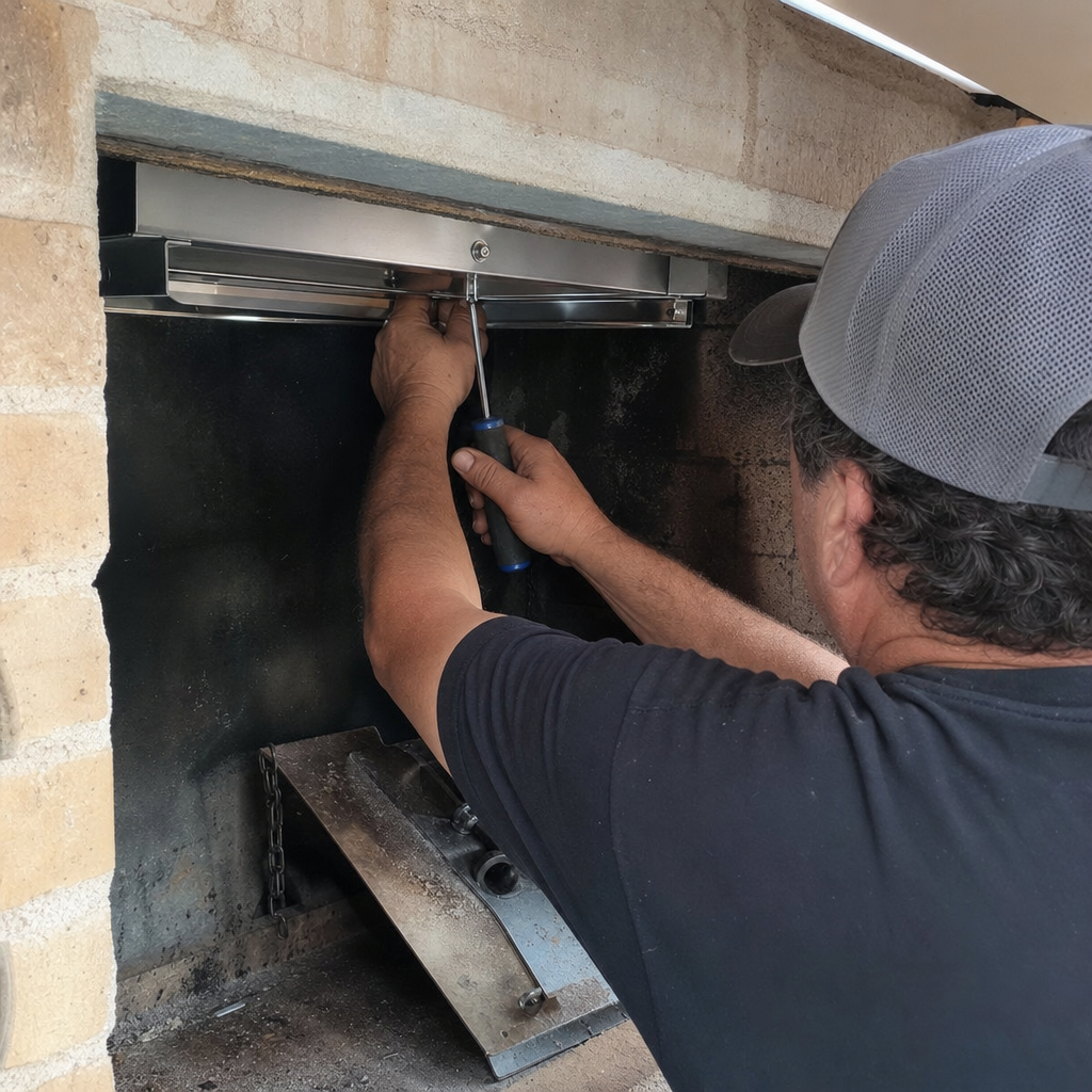 Technician installing a stainless steel fireplace damper