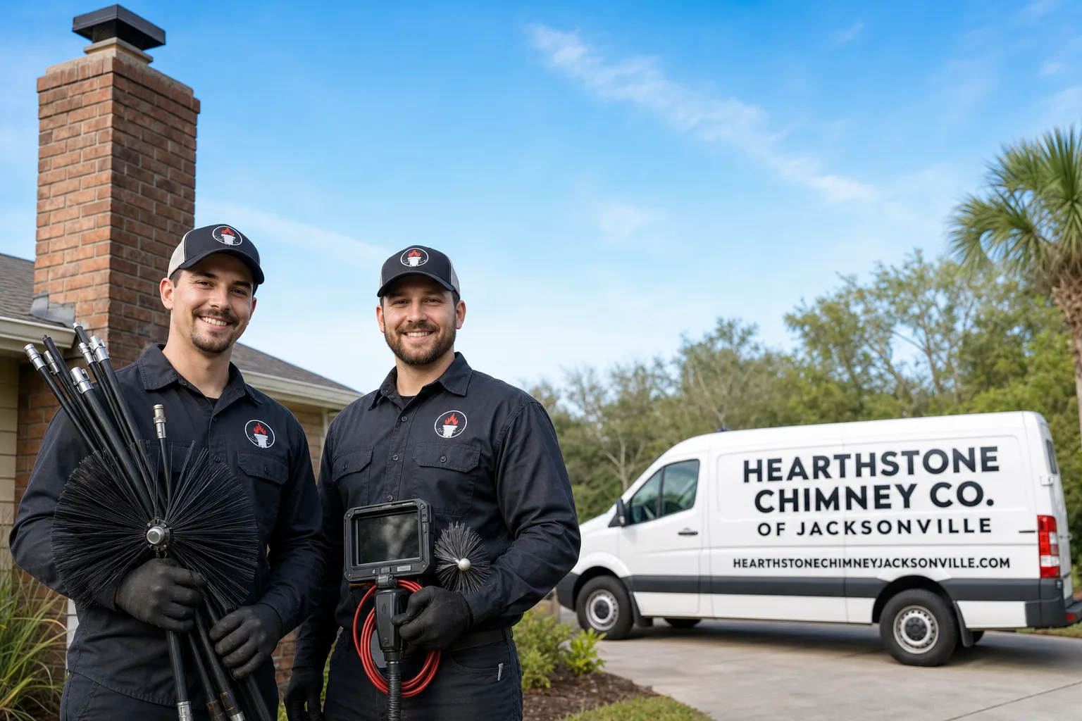 Hearthstone Chimney Co. of Jacksonville chimney cleaning service vehicle and crew in Jacksonville, FL